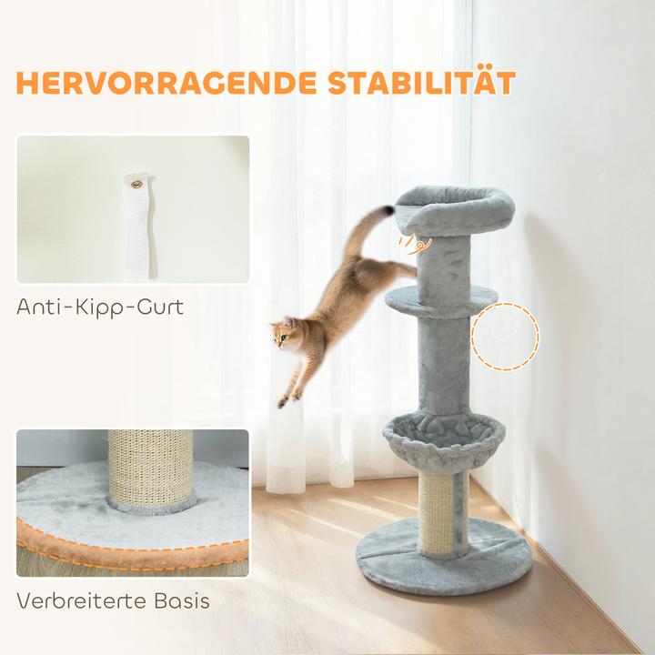 Produktbild PawHut Kratzbaum Spanplatte, Polyester Hellgrau (103.50 cm, Cremeweiss, Hellgrau)