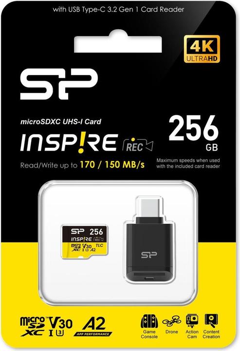 Actual product image Silicon Power MicroSDXC Card Inspire Class 10 A2 V30 with Type-C Reader (256 GB, microSDXC)