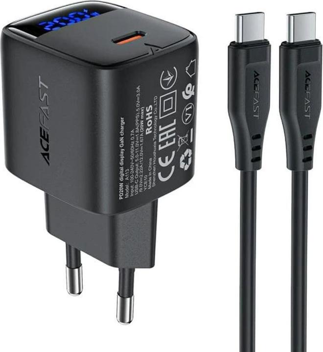Acefast A113 GaN PD 20W USB-C wandoplader met display met USB-C kabel - Zwart (20 W, 1 portie)