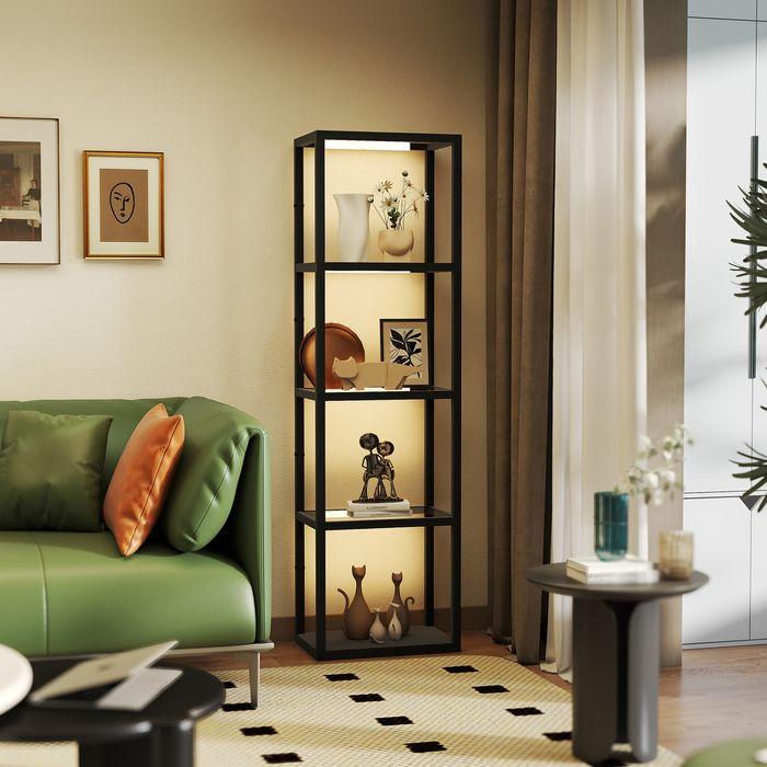 Actual product image Swisshandel24 LED-Stehlampe mit 4-stufigem Regal, Leuchtregal mit 4 Glasfächern, Fussschalter, MDF, Schwarz