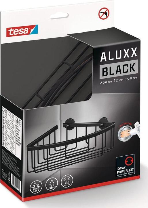 Produktbild tesa ALUXX BLACK Eck-Duschablage inkl. Klebelösung ohne Bohren (9.5 x 20.5 x 21 cm)