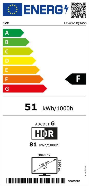 Energy Label JVC LT-43VUQ3455 LED-TV UHD QLED TIVO (43", QLED, 4K, 2024)
