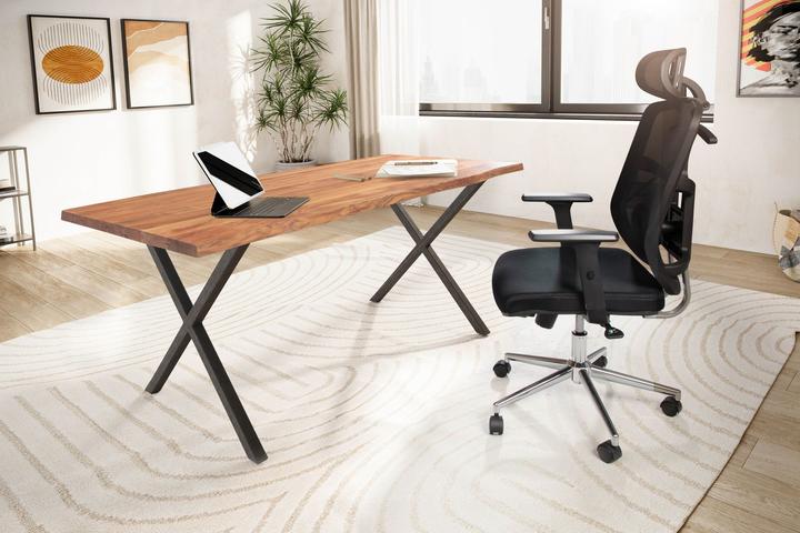 Produktbild FineBuy Schreibtisch Akazie Massivholz Metall Bürotisch Computertisch Baumkante (160 x 80 x 76 cm)