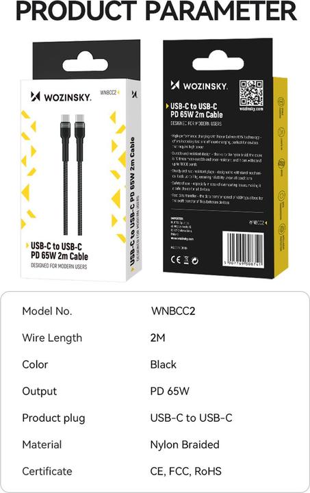 Actual product image Wozinsky WNBCC2 USB-C / USB-C PD 65W cable 2 m - black (2 m, 65 W)