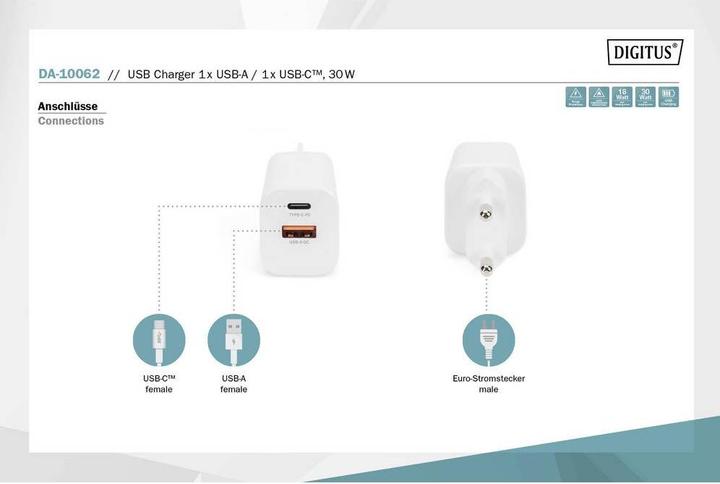 Image du produit Digitus Chargeur USB, 1 x USB A / 1 x USB-C, 30W (30 W)