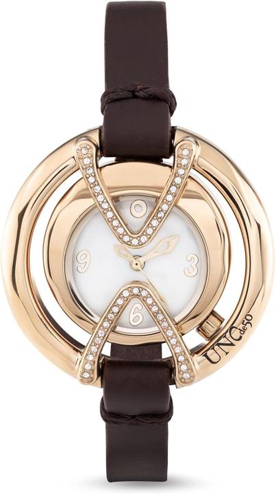 Productafbeelding UNOde50 18K verguld horloge met zwarte leren band en ronde wijzerplaat met topaas (Horloge met edelsteen)