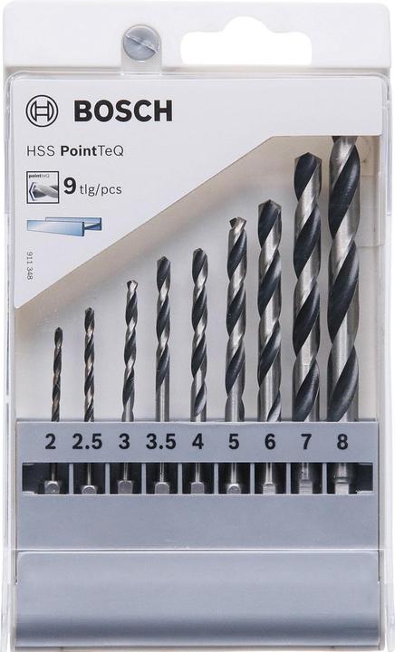 Bosch Professional Zubehör HSS PointTeQ Sechskantbohrer-Set, 9-tlg., 2–8 mm (2 mm, 2.5 mm, 3 mm, 3.5 mm, 4 mm, 5 mm, 6 mm, 7 mm, 8 mm)