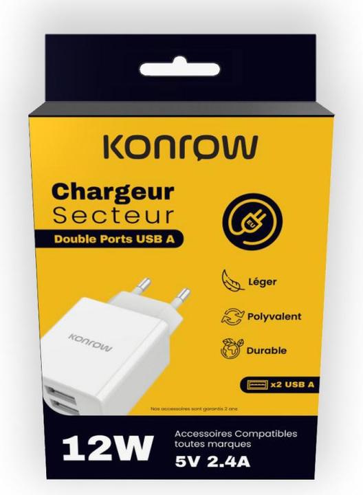 Produktbild Konrow KC12AAW - Netzadapter 2 Ports USB A - Schnellladung 12W, Weiss (Kompatibel, Blister) (12 W, 2 Ports)