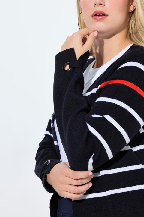 Produktbild Ulla Popken Long-Strickjacke, Ringel, V-Ausschnitt, Langarm (54)