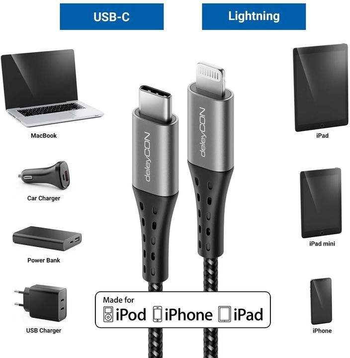 Produktbild deleyCON USB-2.0-Kabel USB C - Lightning 1.5 m (1.50 m, USB 2.0)