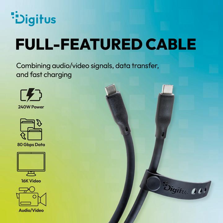 Produktbild Digitus USB Silikon Kabel, USB4 Version 2.0, USB 80Gbps, 1m, schwarz (1 m, USB 4 Version 2.0, 240 W)