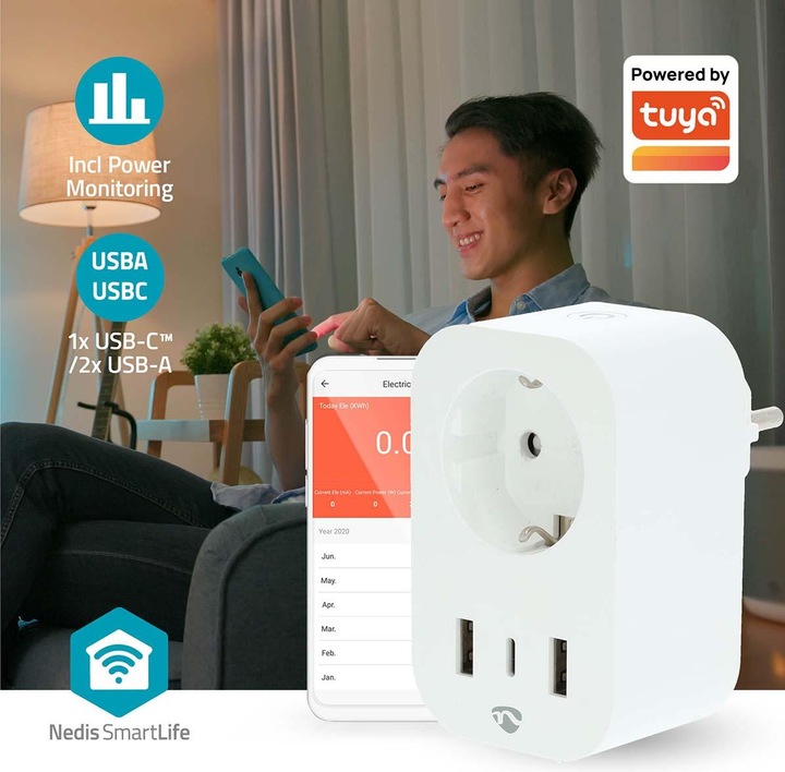 Actual product image Nedis SmartLife Smart plug Wi-Fi | Power meter | 3680 W | Type F (CEE 7/7) / 1x USB-C™ / 2x U