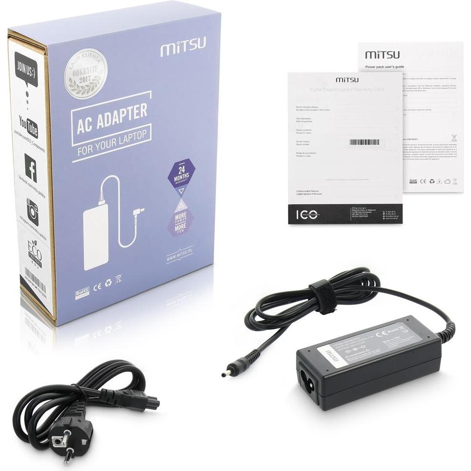 Mitsu notebook charger 19v 2.37a 3.0x1.1 - asus acer (45 W), Notebook Netzteil, Schwarz