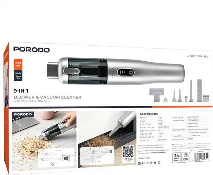 Produktbild Porodo 9-in-1 Druckluft-Gebläse & Sauger 110W kabellos Grau