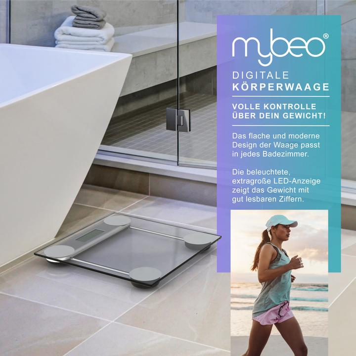 Actual product image Mybeo Digitale Waage für Personen, grosse Trittfläche aus 6mm Sicherheitsglas, Digitalwaage, Personenwaage (180 kg)