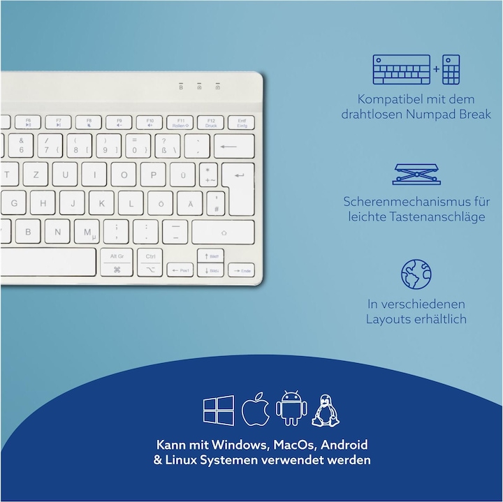 Produktbild R-Go Tools R-Go Compact Break ergonomische Tastatur, QWERTZ (DE), bluetooth, weiss (DE, Kabellos)