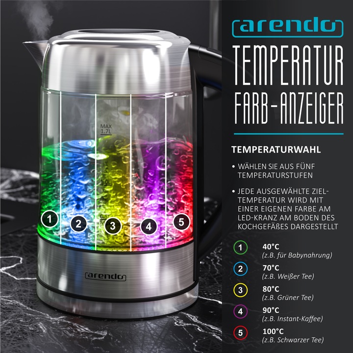 Actual product image Arendo Kettle 1.7 l, 2200 W, stainless steel with glass body, temperature selection 40°C - 100°C, boiling (1.70 l)