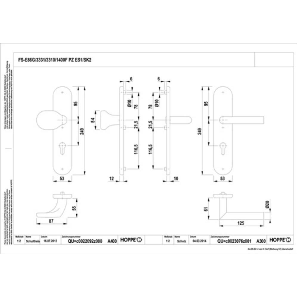 Thumbnail - Hoppe, Türgriff + Fenstergriff, FS-Schutzgarnitur Amsterdam FS-E86G/3331/3310/1400F Edelstahl F69 D/K für Türstärke 42-4...