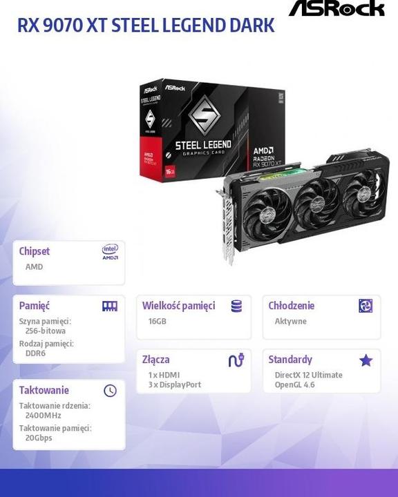 Image du produit AsRock Radeon RX 9070 XT Steel Legend Dark (16 Go)