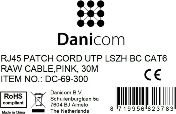 Produktbild Dsit CAT6 Netzwerkkabel, U/UTP, 30 meter, Rosa, 100% Kupfer (U/UTP, CAT6, 30 m)