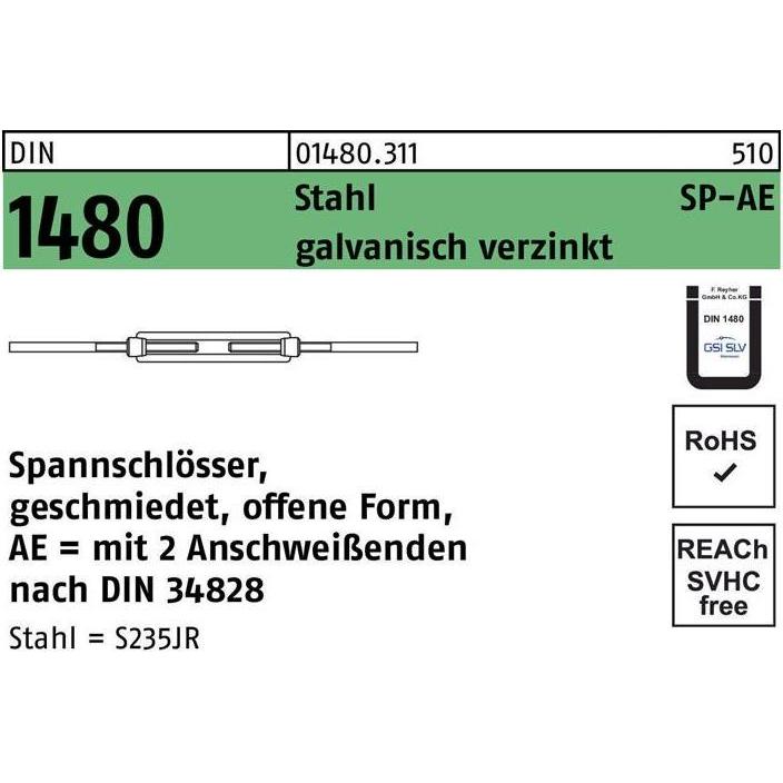 Seil + Kette Zubehör, Spannschloss DIN 1480 offen m.2Anschweissenden SP-AE M 12 Stahl ÜZ galvanisch verzinkt galvanisch....