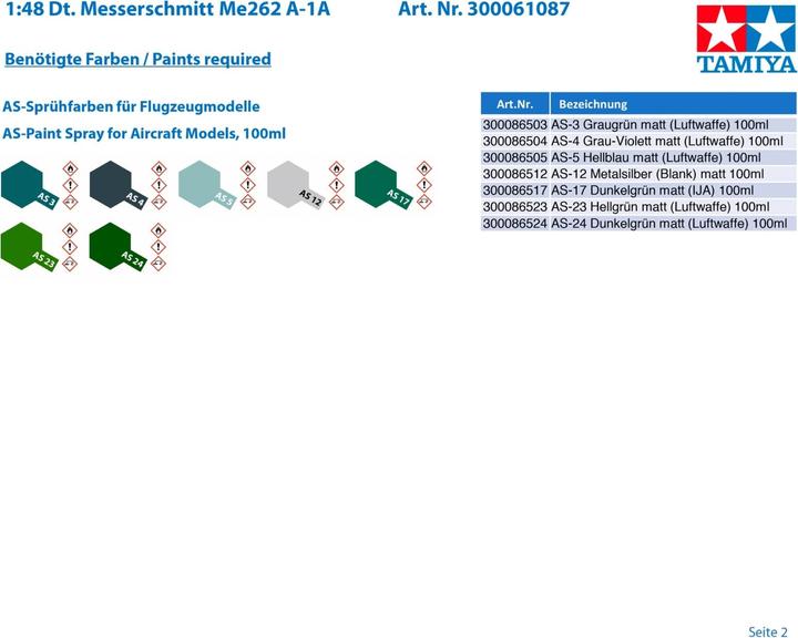 Actual product image Tamiya 1:48 WWII German Messerschmitt Me262 A-1A
