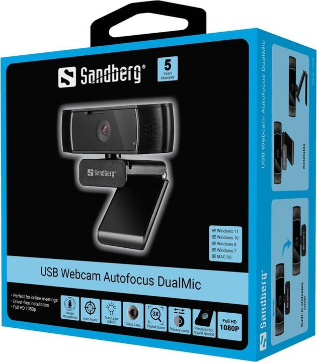 Actual product image Sandberg USB Autofocus DualMic Webcam 2.07 MP 1920 x 1080 Pixel USB 2.0 Black (2.10 Mpx)