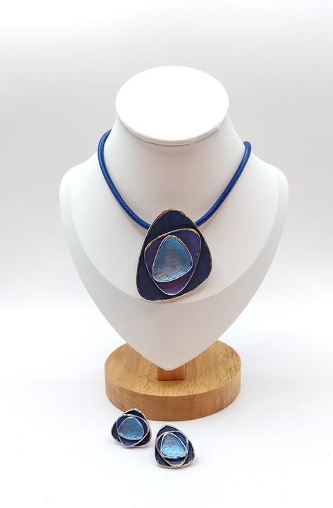 Produktbild Signé Signè Schmuck Set Garnitur Blau 2-teilig Collier & Ohrenstecker rhodiniert No.26 (Metall, Messing rhodiniert)