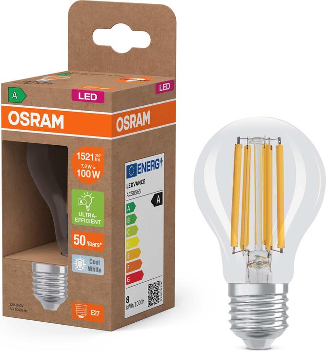 Image du produit Osram Lampe LED classe d'efficacité A filament CLASSIC 7.2W 840 claire E27 1521lm 4000K blanc neutre (E27, 1521 lm, 6x)