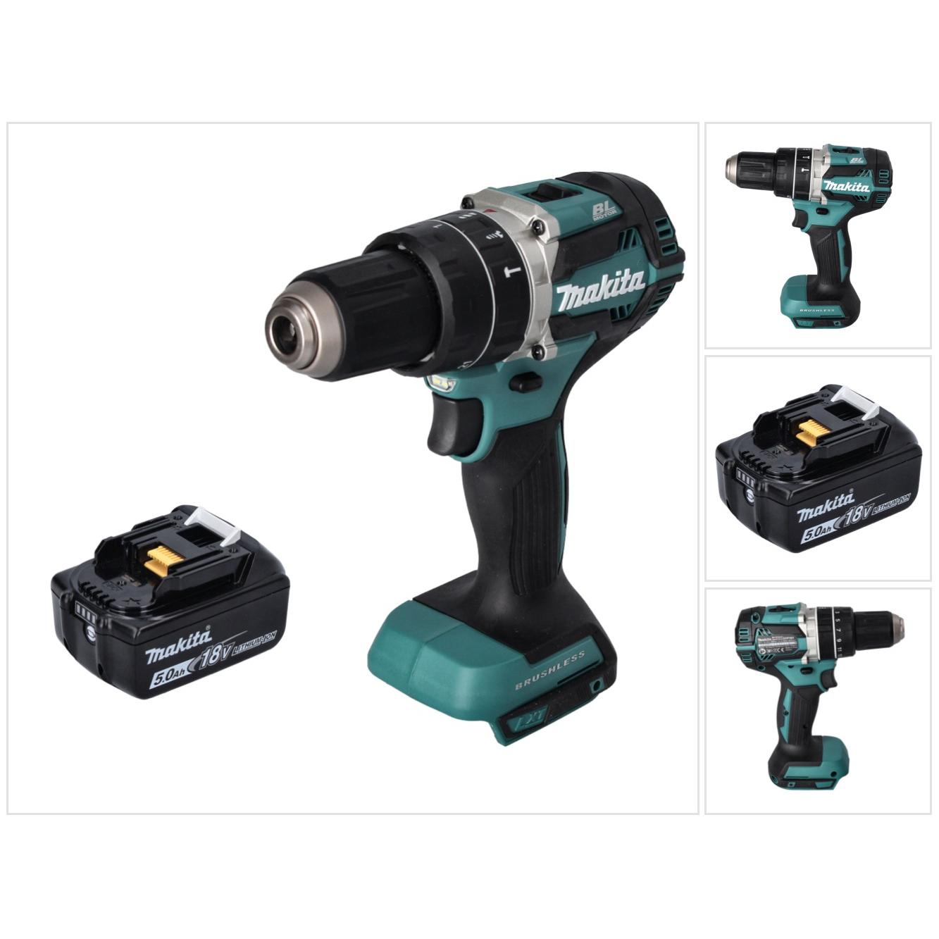 Makita, Bohrmaschine + Akkuschrauber, DHP 484 T1 Akku Schlagbohrschrauber 18 V 54 Nm Brushless + 1x Akku 5,0 Ah - ohne L...