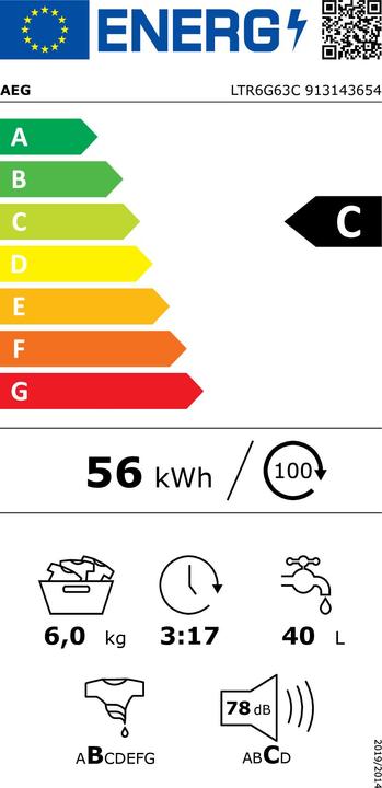Energie-Label AEG LTR6G63C Waschmaschine Top loading 6 kg 1251 rpm C Weiss (6 kg, Oben)