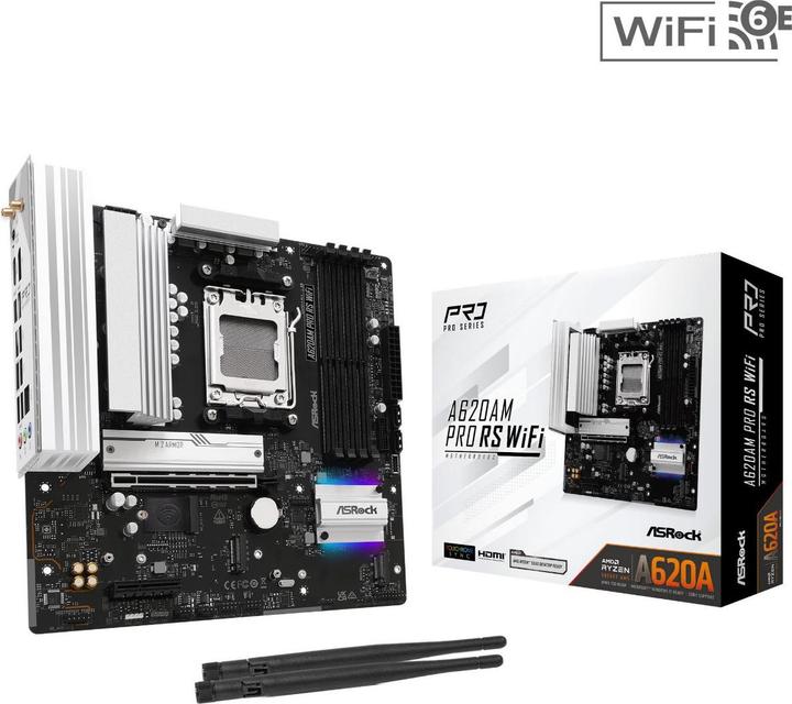 Productafbeelding AsRock A620AM Pro RS WiFi AM5 mATX HDMI/DP DDR5 retail (AM5, AMD A620, mATX)