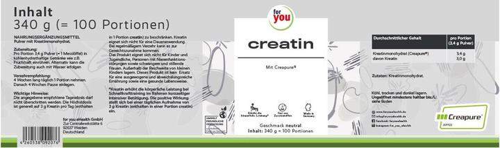 Valeurs nutritives et ingrédients For You Créatine (1 pièce(s), Poudre, 340 g)
