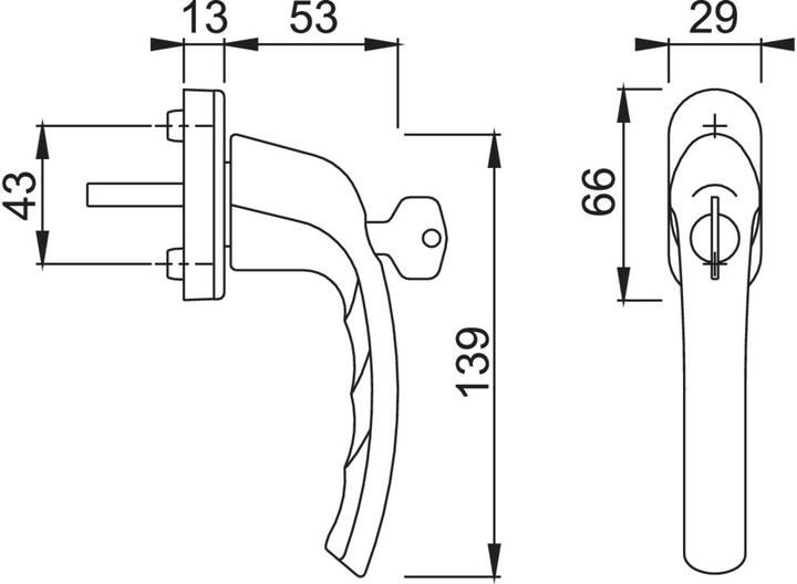 Actual product image Magni HOPPE Tokyo window handle - locking cylinder, 45 degrees, square spindle 7 x 35 mm, 1 piece