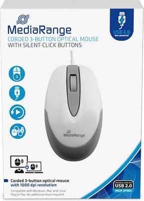 Produktbild MediaRange OPTISCHE MAUS MIT KABEL MROS214 3Tasten weiss/hellgrau (Kabelgebunden)