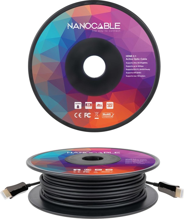 Actual product image Nanocable AOC HDMI V2.1 Cable 8K@60Hz 4K@120Hz 48Gbps A/M-A/M, Black, 30 m (30 m, HDMI)
