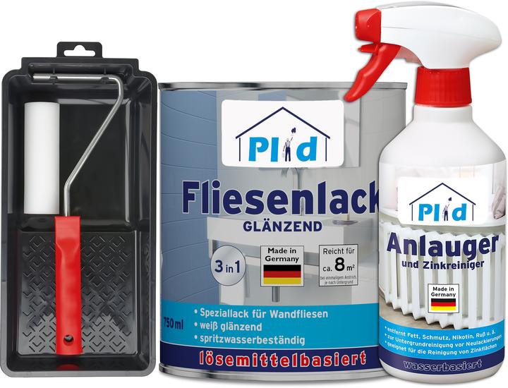 Produktbild Plid Fliesenlack Set 0,75l Cremeweiss glänzend für ca. 8m² /Lackierset + 0,5l Anlauger (Cremeweiss, 0.75 l)