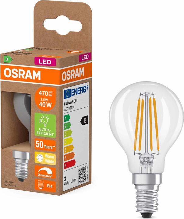 Produktbild Osram LED-Lampe Classic, dimmbar, E27, 2,5 W, 2700 K, EEK: B, 470 lm, IP20, warmweiss (E14, 470 lm, 6 x)