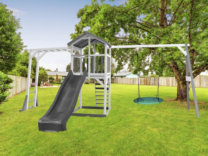 Produktbild Axi Beach Tower Spielturm mit Klettergerüst und Summer Nestschaukel - Graue Rutsche