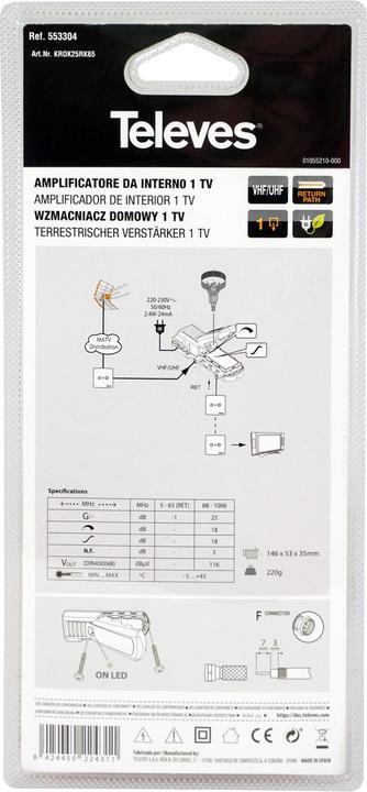 Actual product image Televes BK amplifier 25dBKROK25RK6588-1006MHz RK 5-65MHz PST+