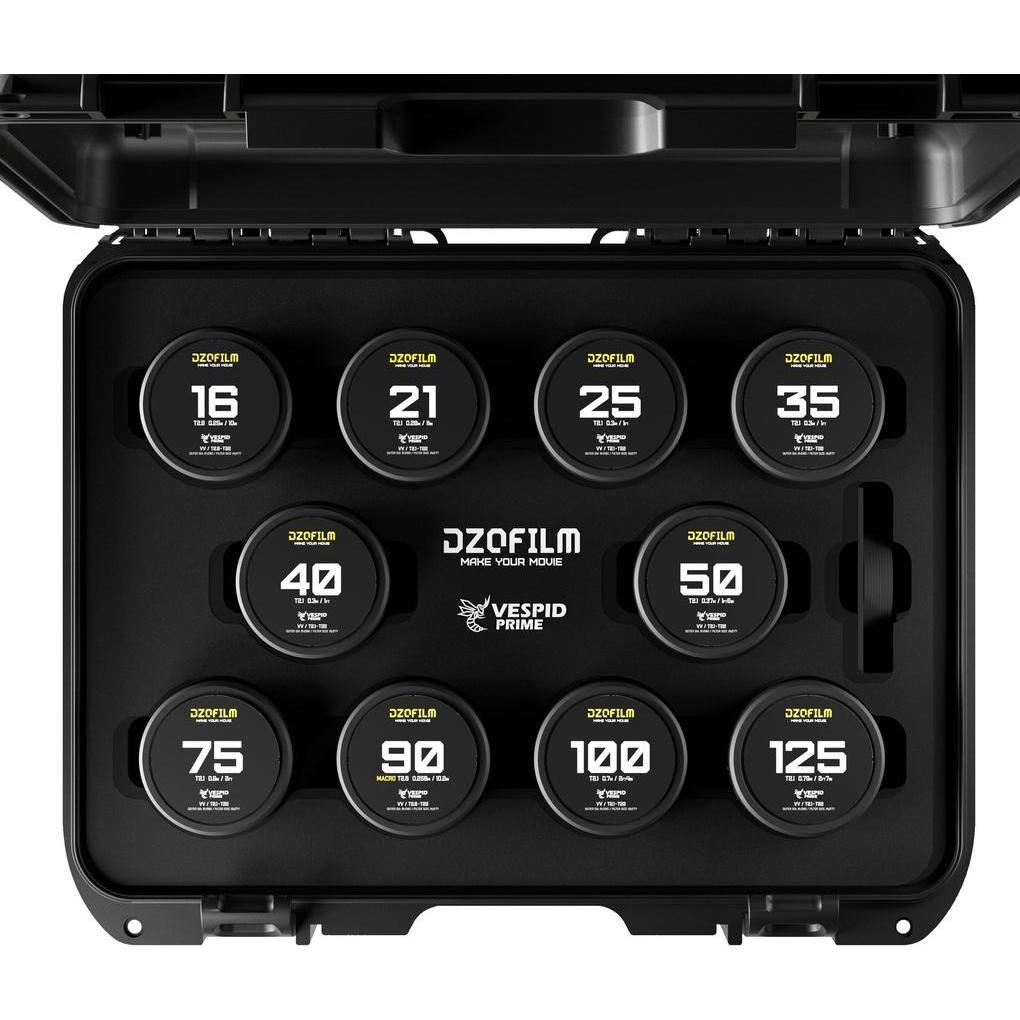 Dzofilm Vespid Prime 10-Lens Kit (16 T2.8 + /21/25/35/40/50/75/100/125 T2.1 + Macro 90 T2.8) metric (C-Mount, PL, Vollfo...