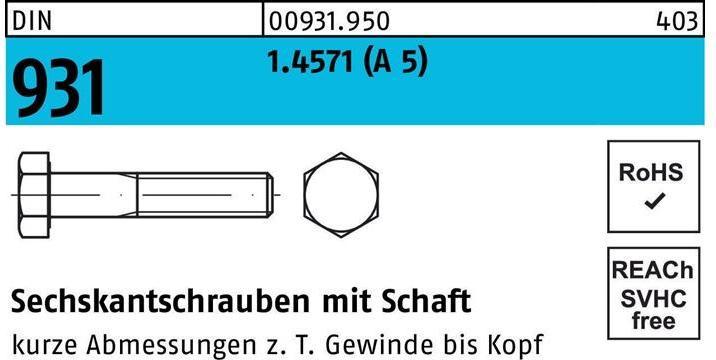 Productafbeelding Zeskantkopschroef DIN 931 w.schacht M 20 x 150 A 5 (1 Schroeven per stuk)