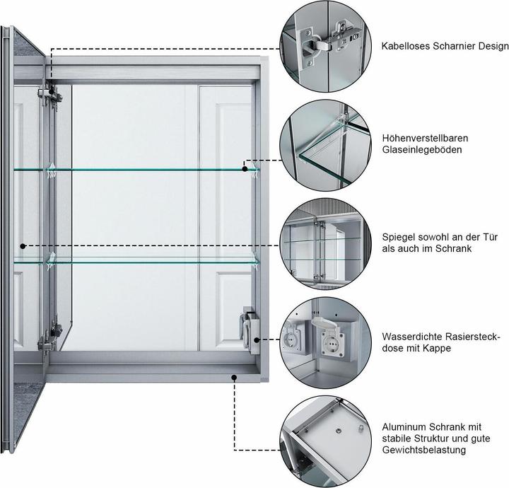 Produktbild SONNI LED-Spiegelschrank mit Licht, 50 x 70 cm, Aluminium, beschlagfrei, kabellose Scharniere, im Ba (50 x 70 x 20 cm)
