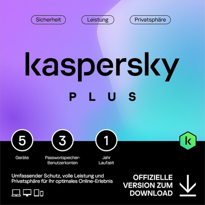 Kaspersky Plus (5 Utilisateur, 1 Périphériques/Utilisateurs, 12 mois)