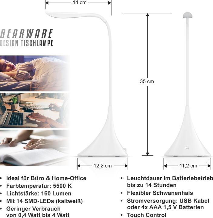 Actual product image CSL Schreibtischlampe LED Tischlampe, flexibler Schwanenhals, Leselampe mit USB oder Batteriebetrieb (160 lm)