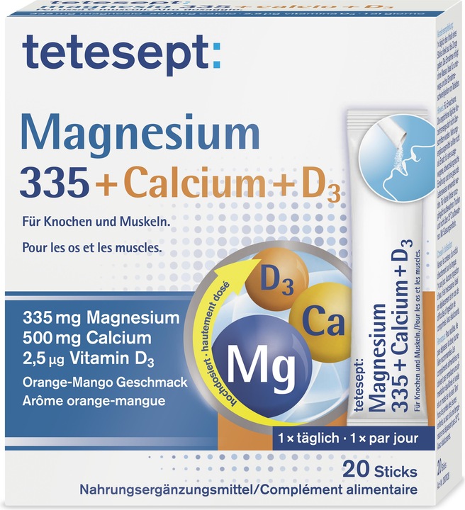 Produktbild Tetesept Magnesium 335 Calcium + D3 (20 Stück, Pulver, Beutel, Sachet, 175 g)