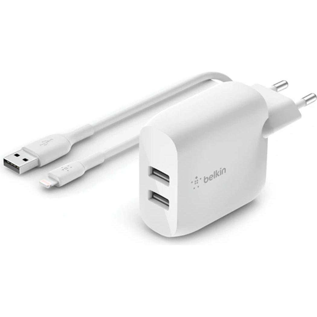 Belkin Dual USB-A Ladegerät, 24W incl. Micro-USB Kabel 1 (12 W), USB Ladegerät, Weiss