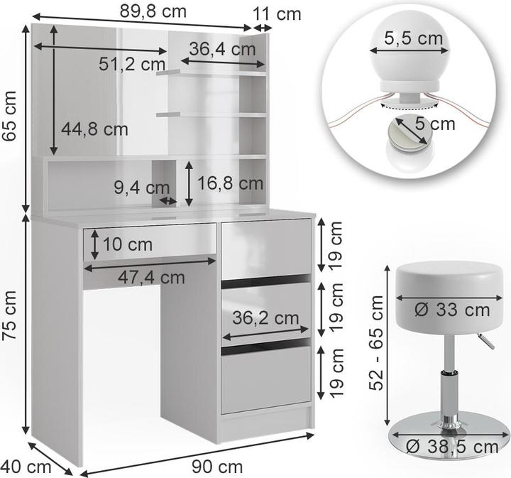 Actual product image Vicco Sherry with stool and lighting (90 x 75 x 40 cm)