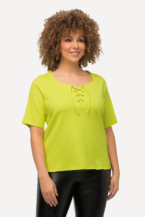 Immagine prodotto Ulla Popken T-shirt in jersey a costine con scollo a cuore, allacciatura e mezze maniche (50, 52)