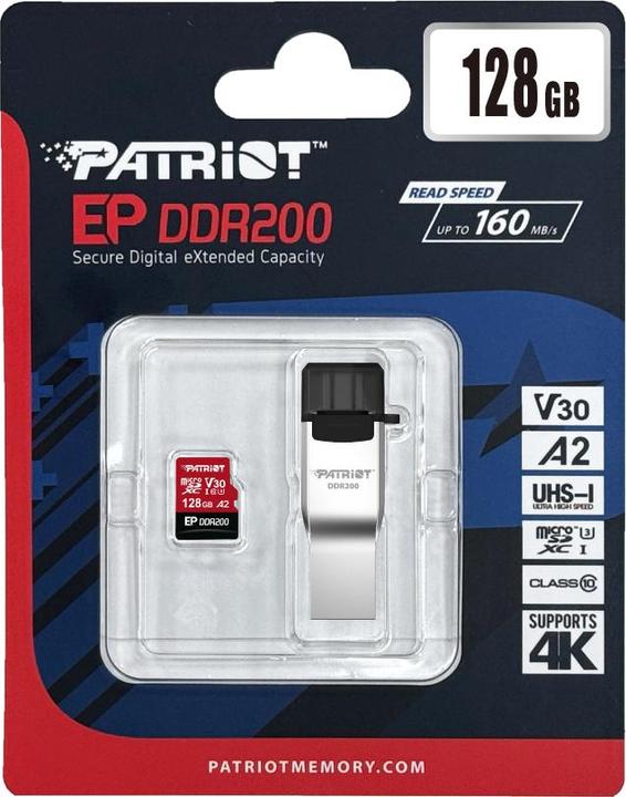 Actual product image Patriot EP DDR200 + reader/Micro SDXC/128GB/UHS-I U3 / Class 10 (128 GB, microSD, microSDXC, U3, UHS-I)
